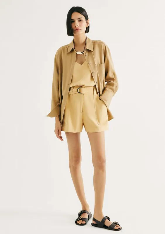 Shorts Feminino Em Peach Touch Com Cinto - Bege 044