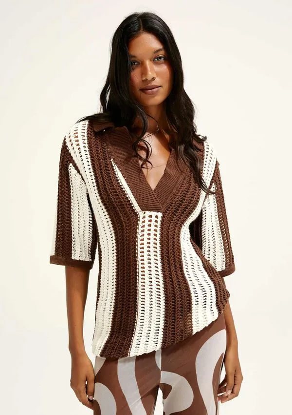 Camisa Polo Oversized Em Tricô Hering + Cosmo - Marrom P