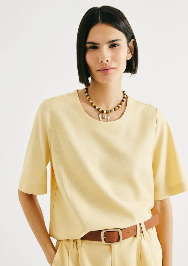 Blusa Feminina Manga Média Com Linho - Amarelo M