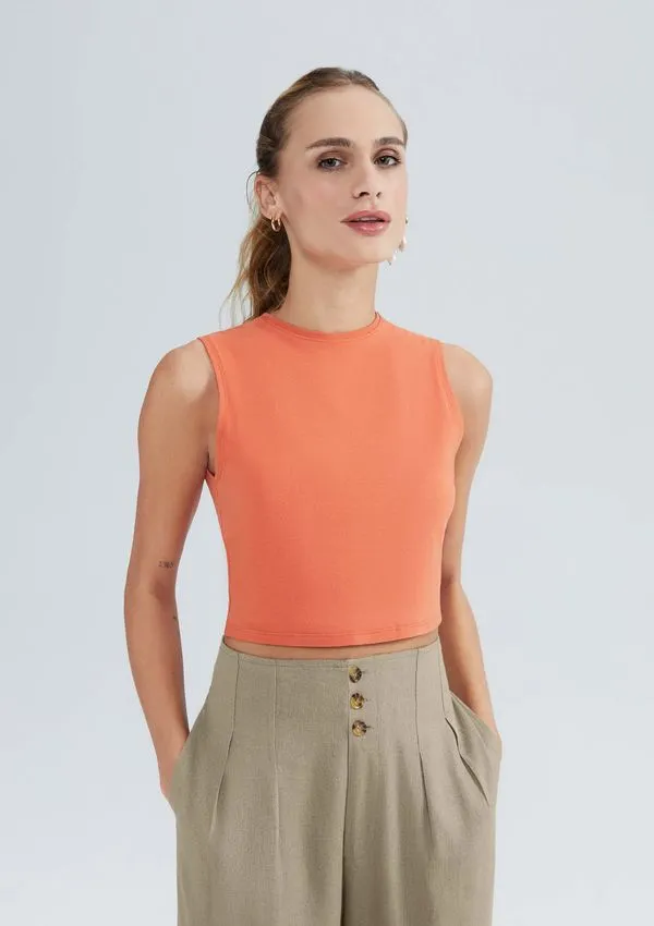 Regata Feminina Cropped Em Malha Com Elastano - Laranja M