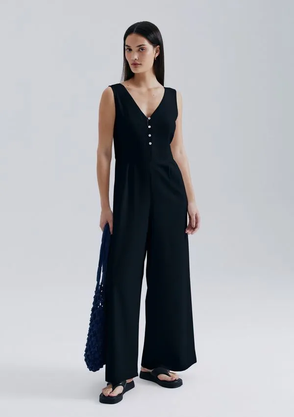 Macacão Longo Wide Leg Com Linho - Preto XP