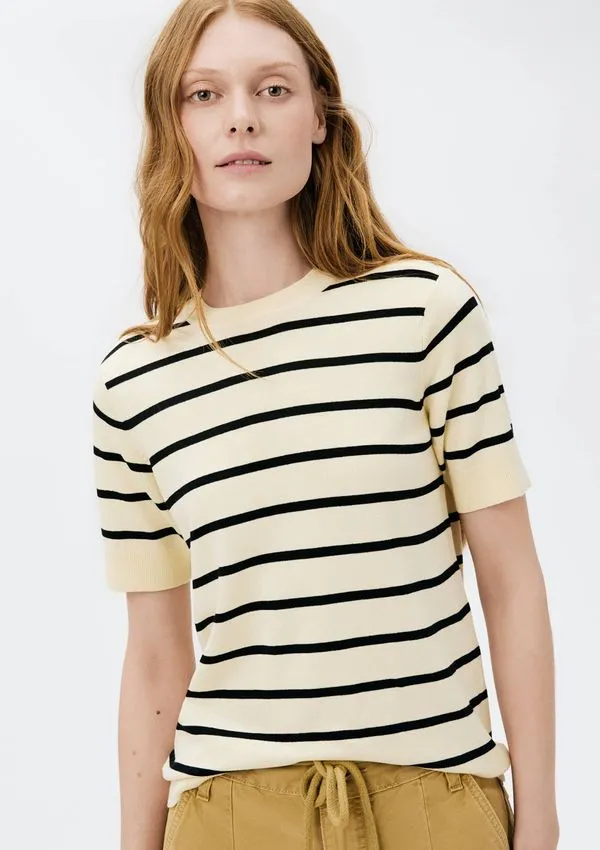 Blusa Feminina Manga Curta Listrada Em Tricô Fio Tinto - Off white G