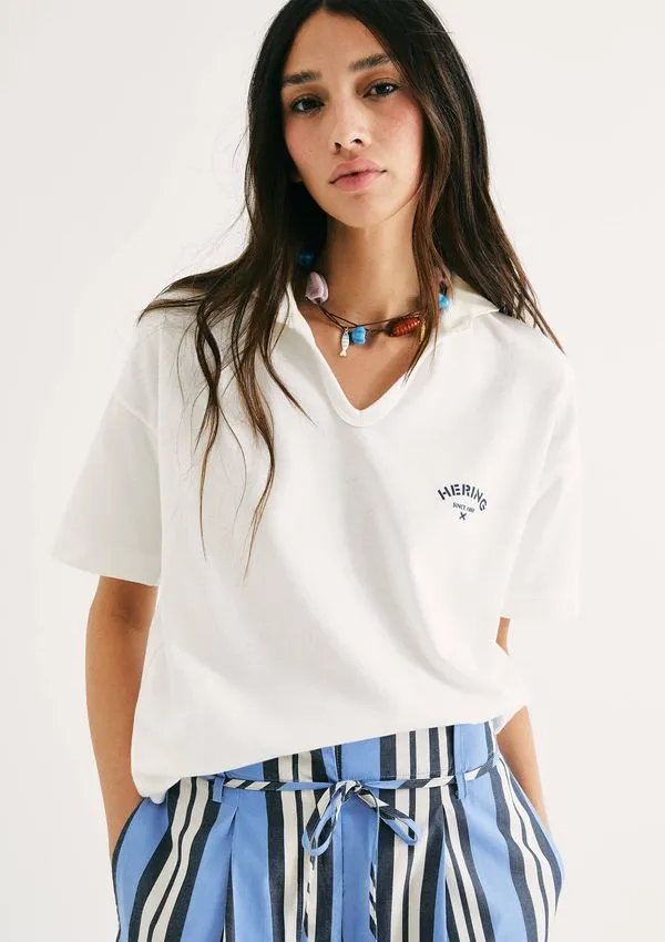 Camisa Polo Feminina Oversized Em Malha Binada - Off white M
