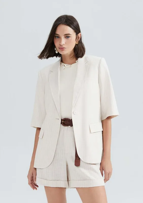 Blazer Feminino Risca De Giz Com Linho - Off white XG