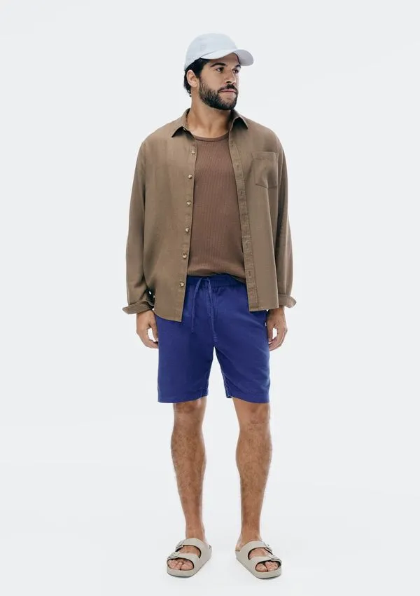 Bermuda Masculina Reta Com Linho - Azul 044