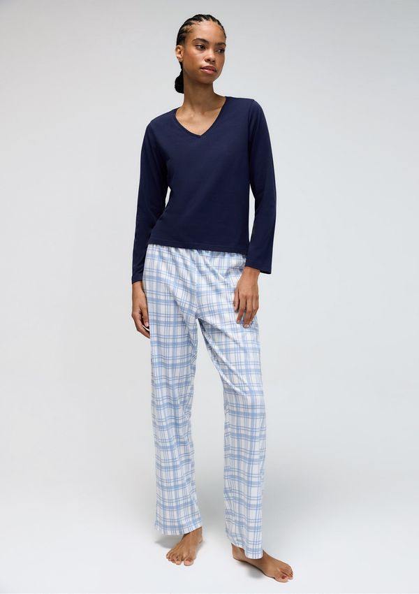 Pijama Longo Feminino Decote V - Azul M
