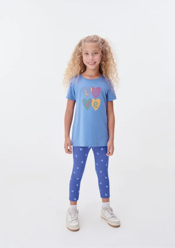 Conjunto Infantil Menina Camisa Manga Curta Com Calça Estampada - Azul 008