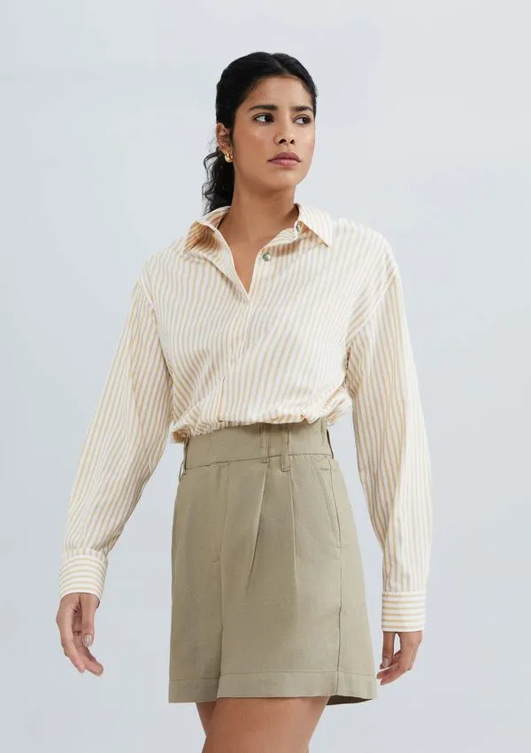 Shorts Feminino De Alfaiataria Em Linho - Caqui 040