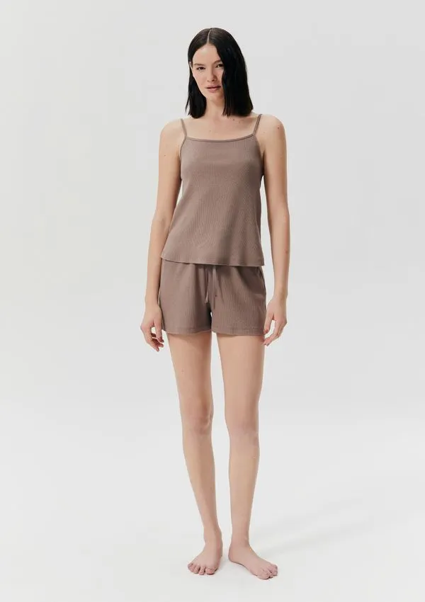 Pijama Curto Feminino Em Ribana Com Linho - Marrom XP