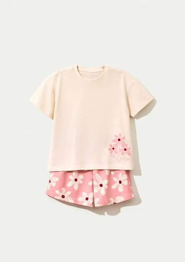 Conjunto Infantil Menina Curto Estampado - Creme 006
