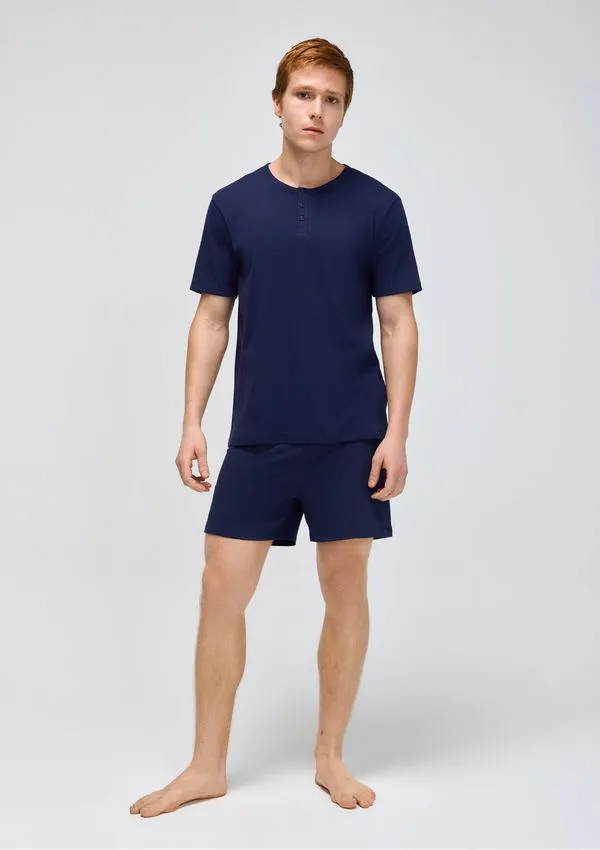 Pijama Curto Masculino Gola Henley - Azul M