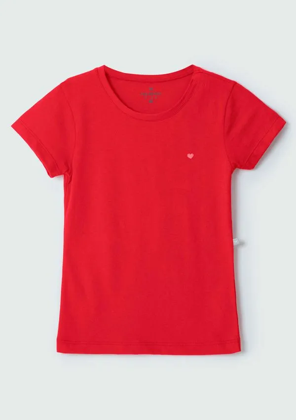 Blusa Básica Infantil Menina Manga Curta Slim Com Bordado Coração - Vermelho 006