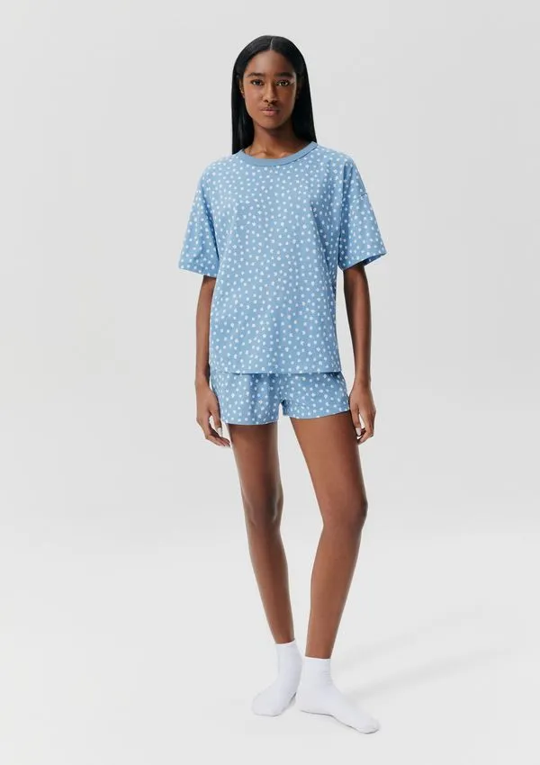 Pijama Curto Feminino Estampado Oversized - Azul XP