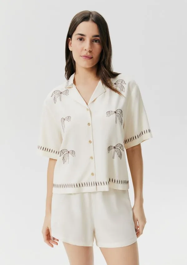 Pijama Curto Feminino Com Camisa Estampada - Off white XP