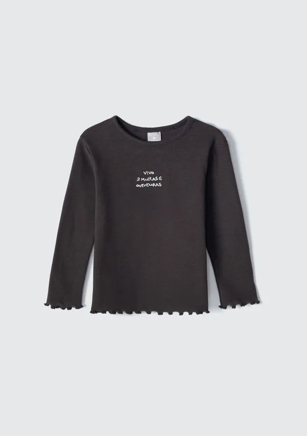 Blusa Infantil Menina Toddler Em Ribana Com Fru fru - Cinza 002