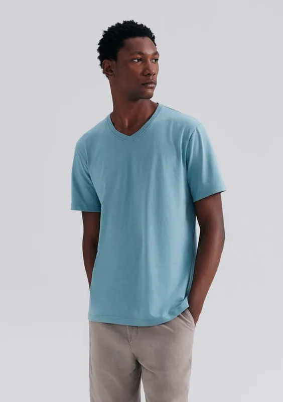 Camiseta Básica Masculina Manga Curta Gola V World - Azul XP