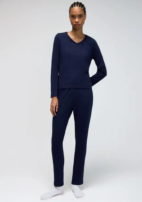 Pijama Longo Feminino Decote V - Azul G