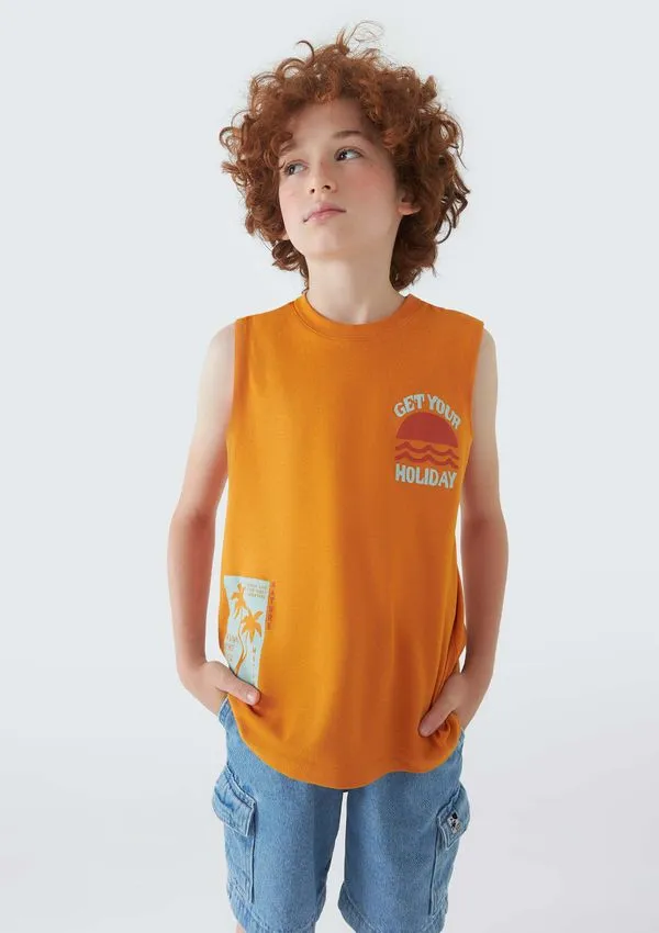Regata Infantil Menino Em Malha De Algodão Com Estampa - Amarelo 012
