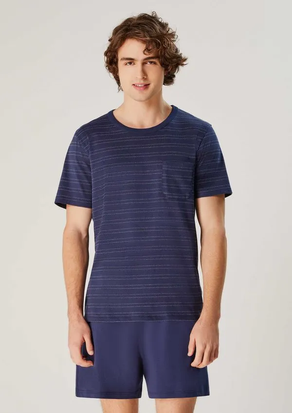 Pijama Curto Masculino Fio Tinto Listrado - Azul P