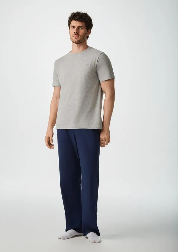 Pijama Longo Masculino Manga Curta Com Bordado - Cinza M