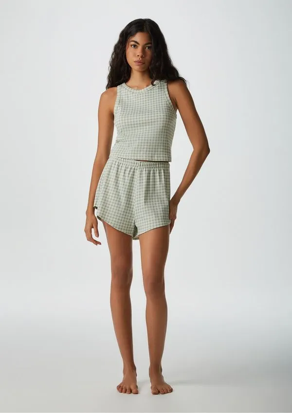 Pijama Curto Feminino Estampado Em Ribana - Verde M