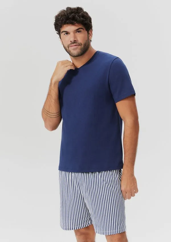 Pijama Masculino Curto Em Malha - Azul XG