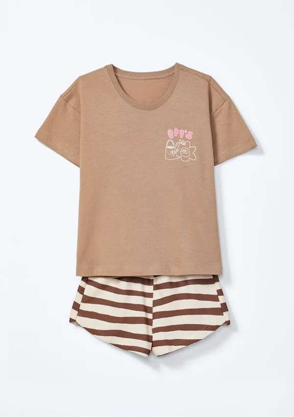 Conjunto Curto Infantil Menina Toddler Estampado - Marrom 004