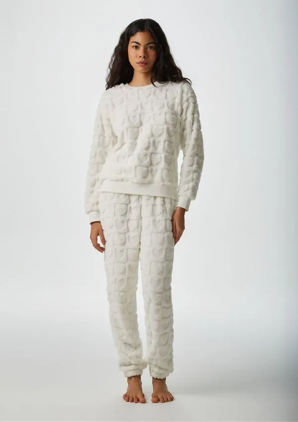 Pijama Longo Feminino Em Fleece Estrelas - Off white XG