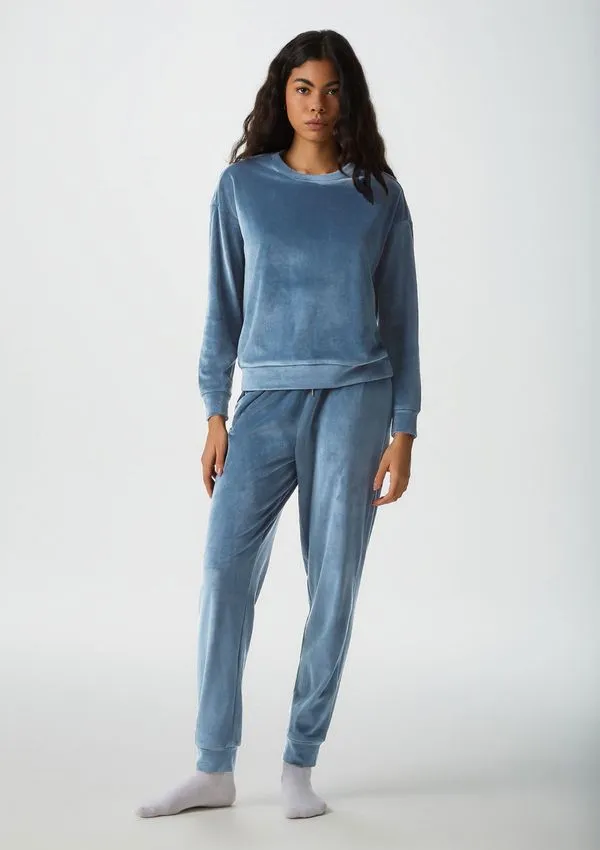 Pijama Longo Feminino Em Plush - Azul G