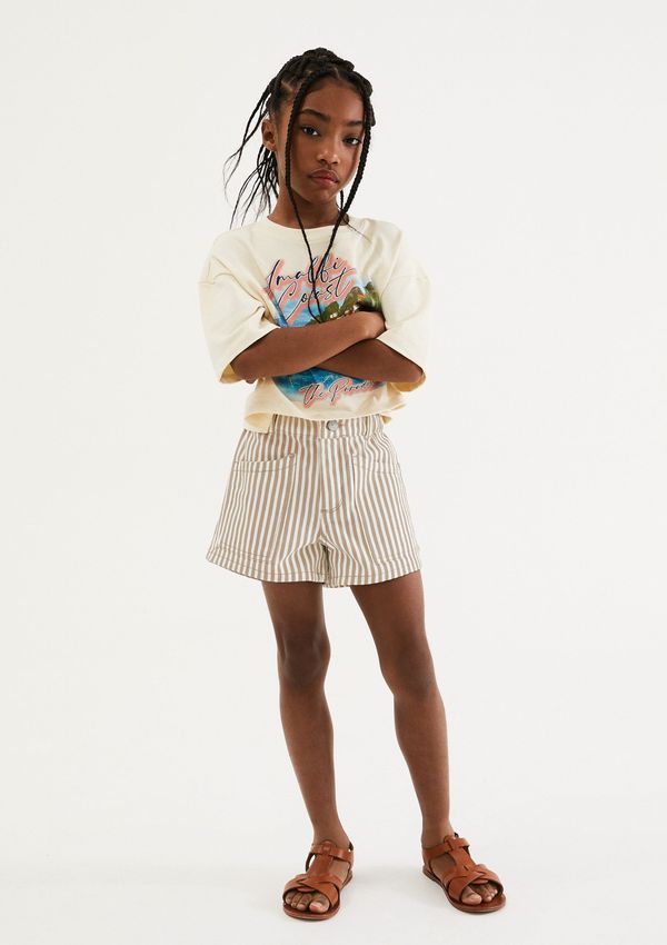 Shorts Infantil Menina Listrado Em Sarja - Creme 006