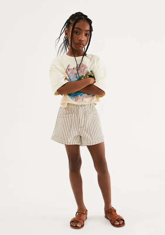 Shorts Infantil Menina Listrado Em Sarja - Creme 006