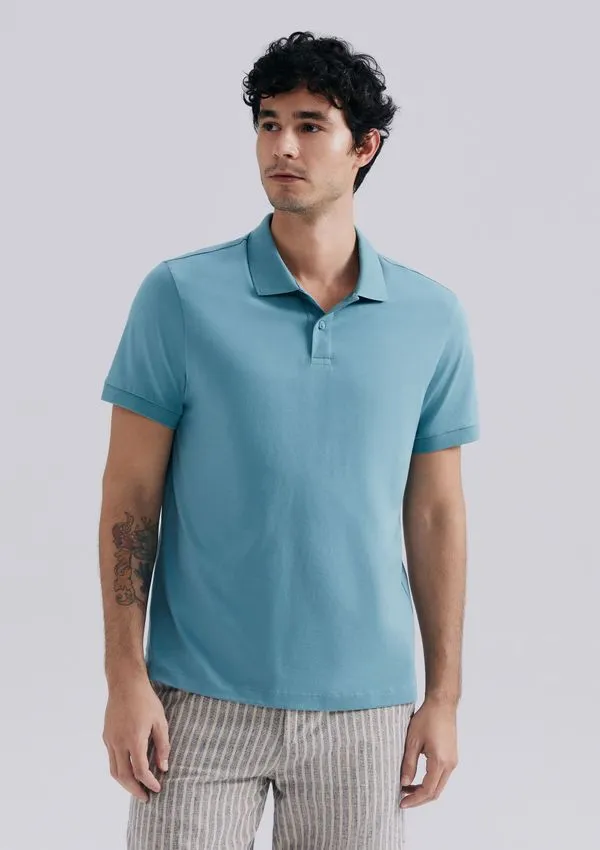 Camisa Polo Básica Masculina Manga Curta Pima - Azul XG
