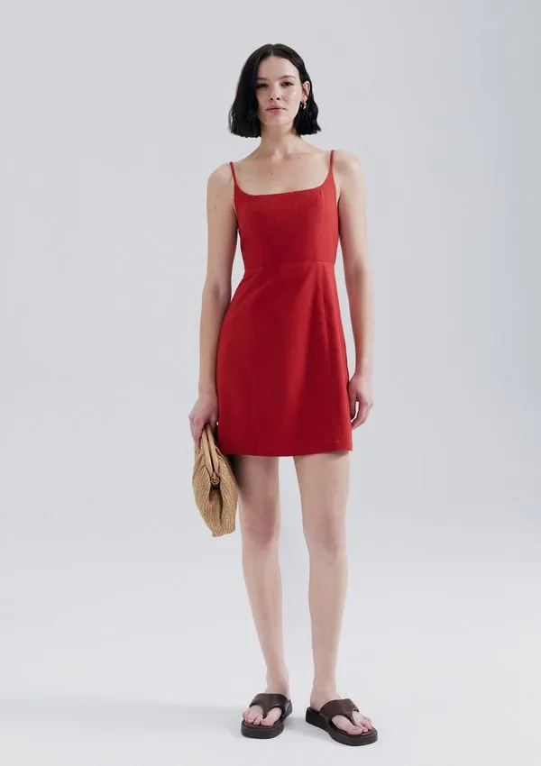 Vestido Curto Com Linho - Vermelho G