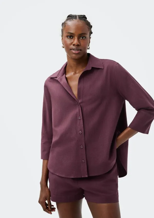 Camisa Feminina Manga 7/8 Com Linho - Roxo XG