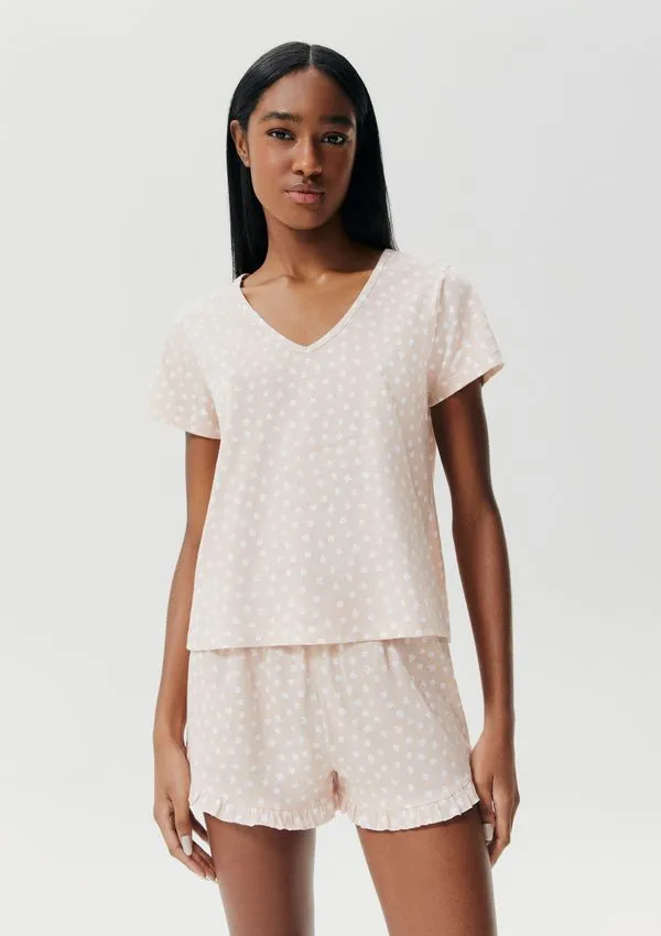 Pijama Curto Feminino Estampado Decote V - Rosa M