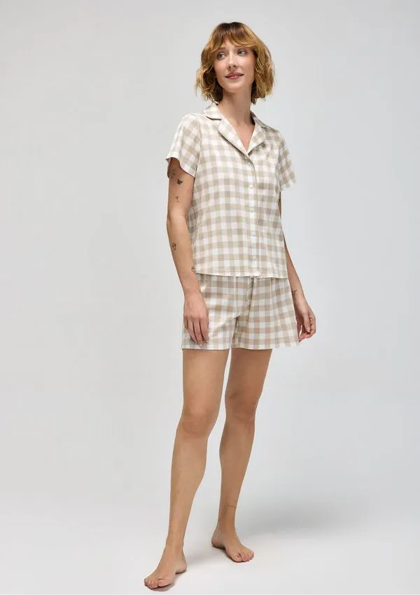 Pijama Curto Feminino Americano Estampado - Bege M