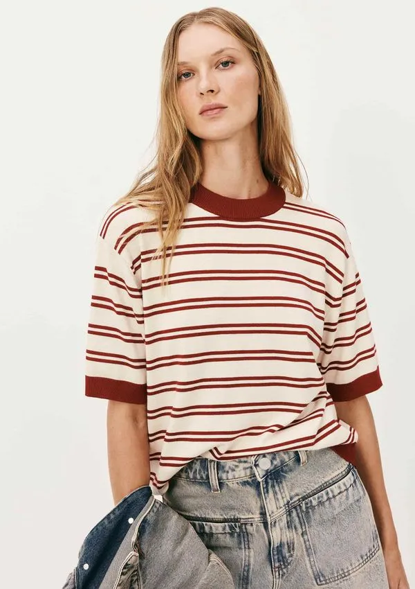 Blusa Feminina Listrada Em Tricô - Vermelho XP