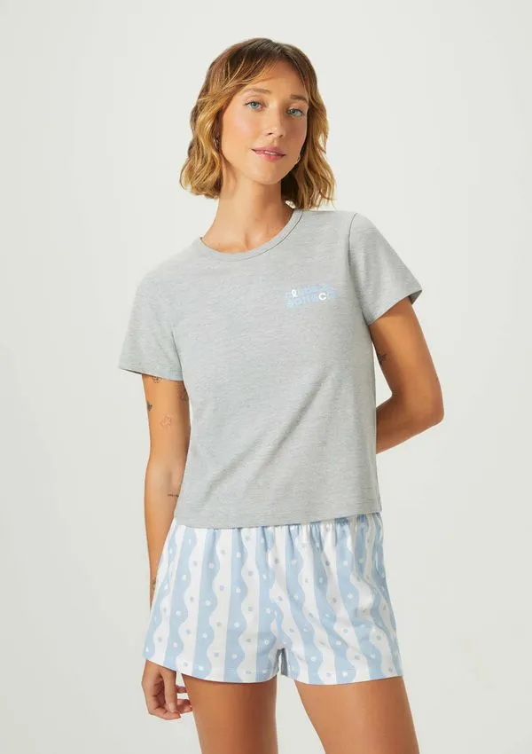 Pijama Curto Feminino Com Estampa - Cinza M
