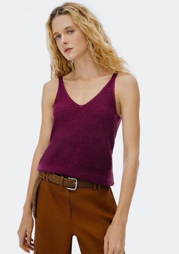Regata Feminina Decote V Em Tricô - Roxo G