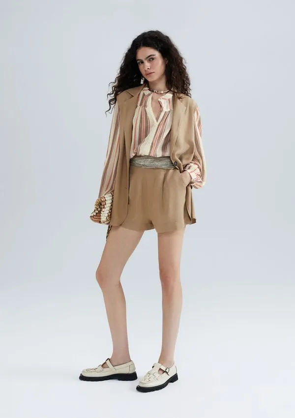 Shorts Feminino Cintura Alta Em Viscolinho - Caqui M