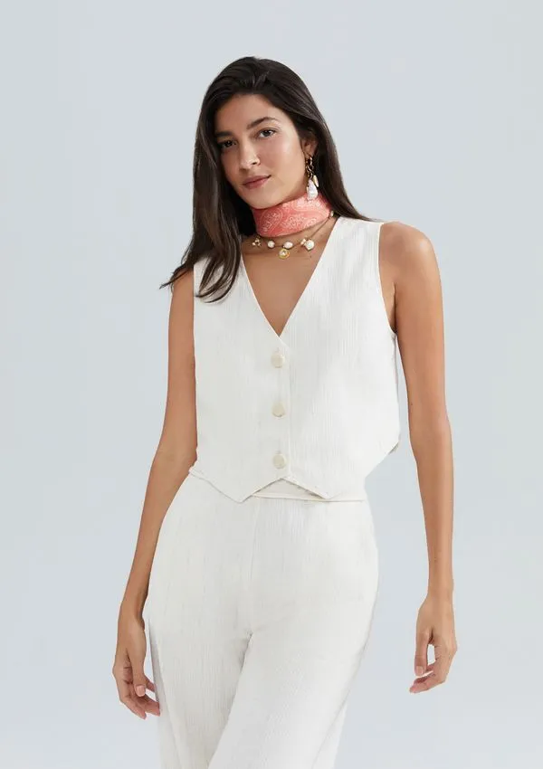 Colete Feminino Decote V Com Linho - Off white P