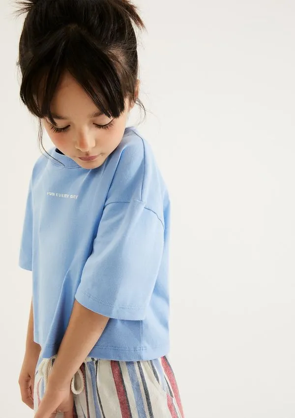 Blusa Infantil Menina Oversized Boxy Bordada - Azul 008