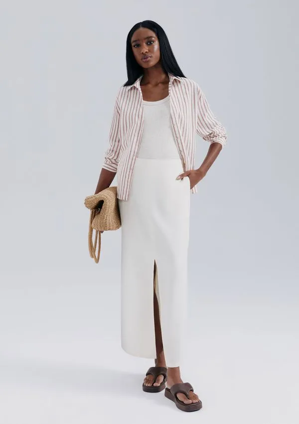 Saia Midi Cintura Média Com Linho - Off white 040
