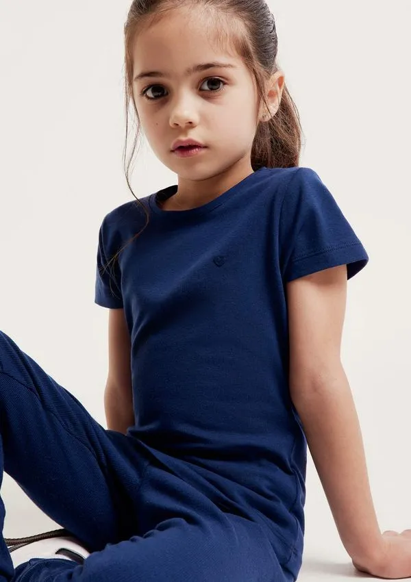 Blusa Básica Infantil Menina Manga Curta Slim Com Bordado Coração - Azul 016