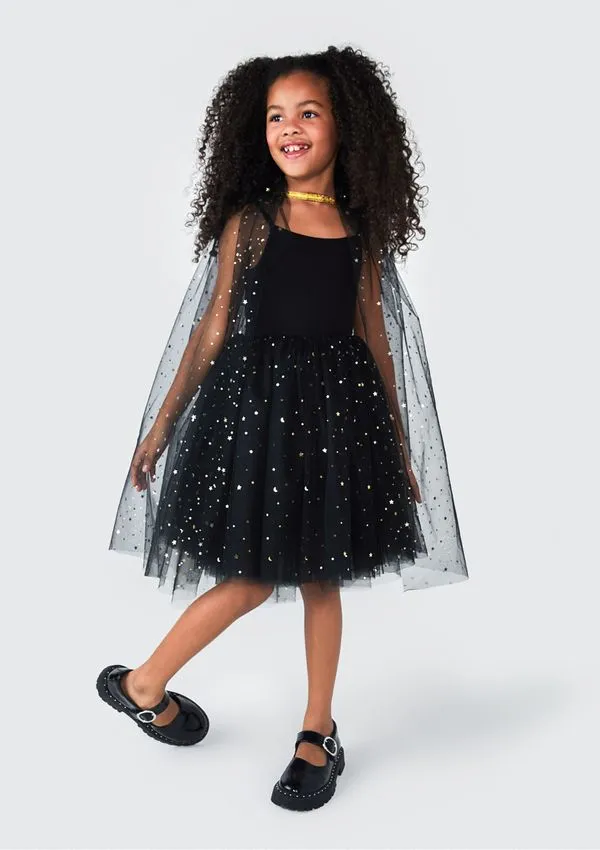 Vestido Curto Infantil Em Tule Com Brilhos - Preto 002