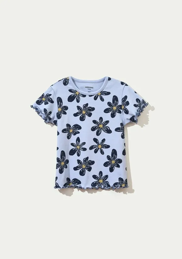 Blusa Infantil Menina Manga Curta Em Ribana Estampada - Azul 008