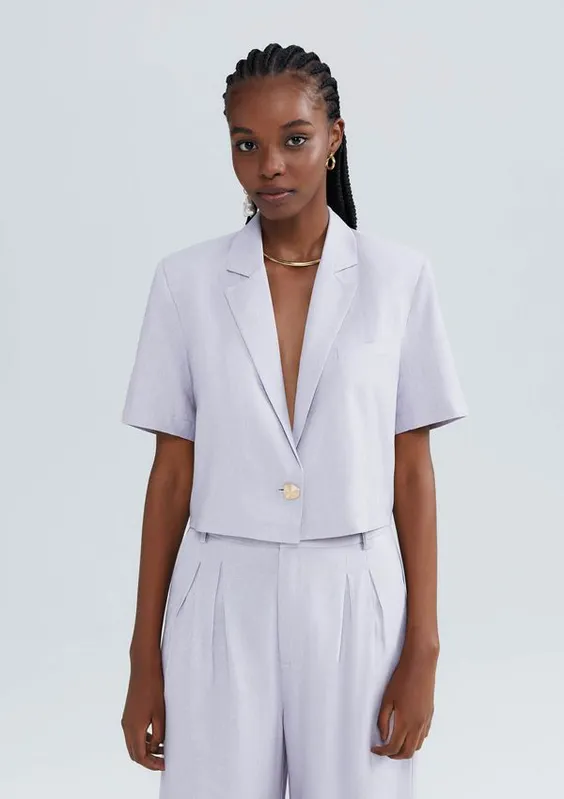 Blazer Feminino Cropped Manga Curta Com Linho - Lilás P