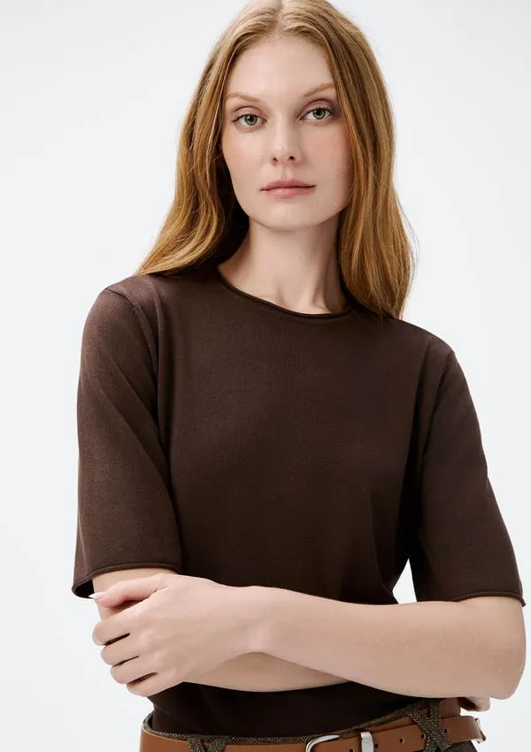Blusa Feminina Manga Curta Em Tricô Leve - Marrom P