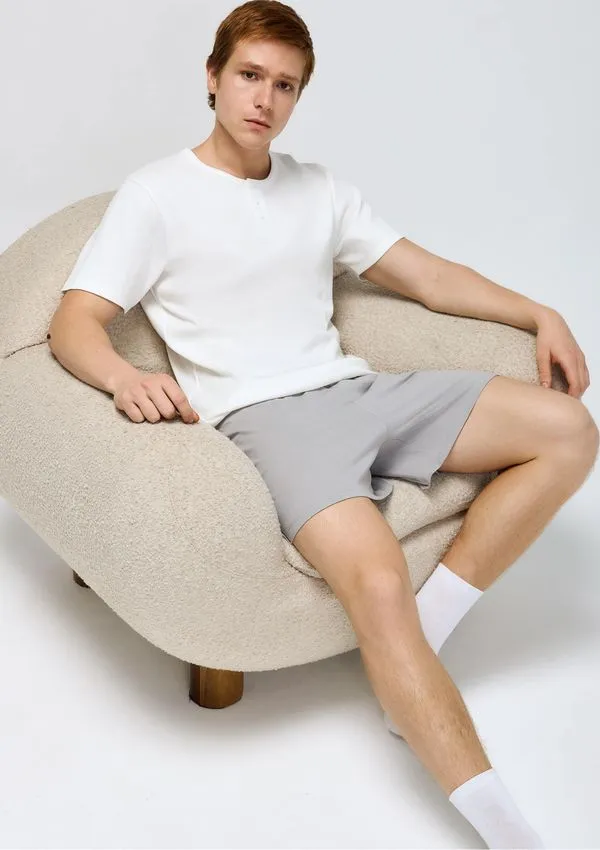 Pijama Curto Masculino Gola Henley - Off white M