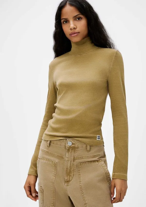 Blusa Feminina Gola Alta Em Ribana - Caqui M